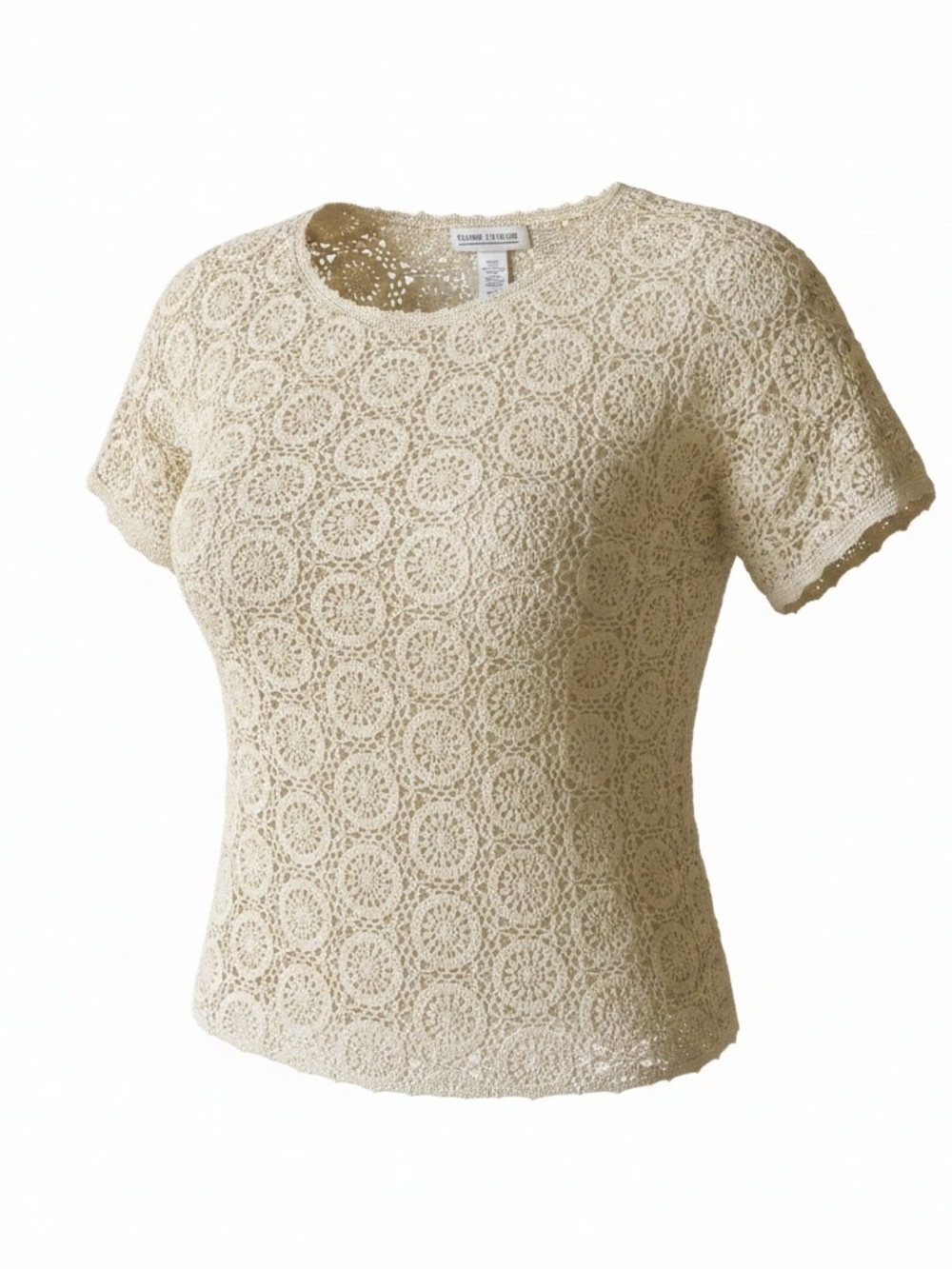 Carolyn Taylor Beige Crochet Short Sleeve Top